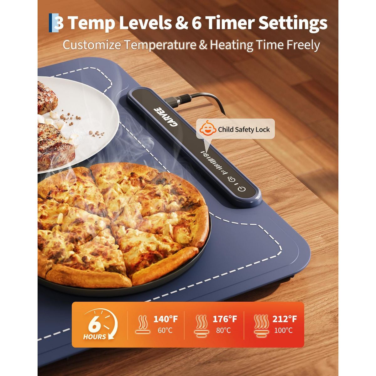 Garvee 24"x16" Electric Food Warming Mat, 3 Temps, 6H Timer, 250W, Child Lock, Auto Shut-Off – Rollable Silicone Warmer for Kitchen, Buffet, Parties - thumbnail 2