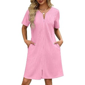 Ekouaer Women Zipper Robes Waffle Short Bathrobe Lightweight House Coat with Pockets Soft Nightgown - 1 of 4