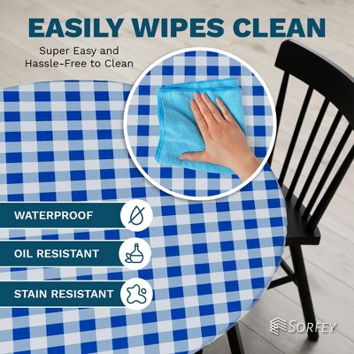 Green and White Vinyl Round Fitted Tablecloth with Elastic, 30"