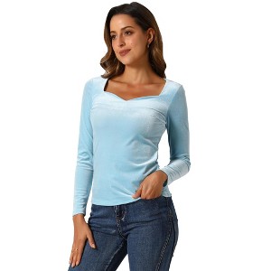 Allegra K Women's Velvet Sweetheart Neck Elegant Long Sleeves Blouses - 1 of 4