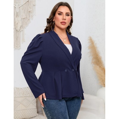 Женские куртки YesFashion Plus Size Women's Peplum Blazer Jacket, Double Breasted Puff Shoulder Lapel Suit Coat, Curvy Fit Office Casual Outerwear Navy Blue 2X — фото 3