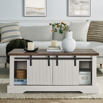 Grungis Modern Coffee Table with Storage & Sliding Wood Door,Farmhouse Adjustable Shelf Center Table for Living Room & Office