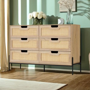 Coucheta Natural Rattan 6 Drawer Double Dresser, Wooden Chest of Drawer, Farmhouse Storage Cabinet with Solid Metal Legs, Modern Storage Unit - 1 of 4