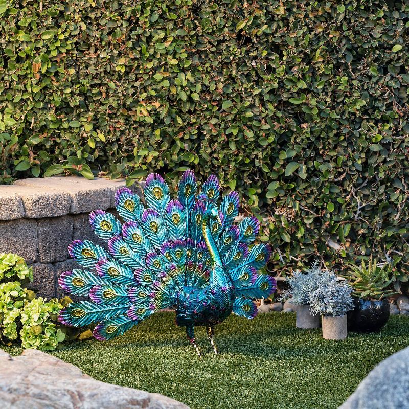 22&#34; Metal Feather Spread Peacock Outdoor Decor Statue - Alpine Corporation, 3 of 8