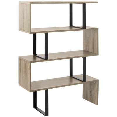 Louise 35'' Oak and Black Iron Mid-Century Geometric Bookcase