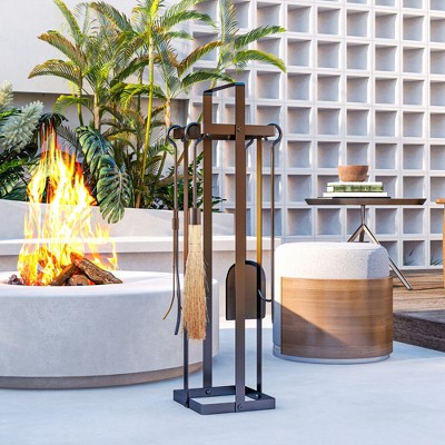 Black Metal 5-Piece Fireplace Tool Set with Stand