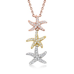 Ross-Simons 0.20 ct. t.w. Diamond Triple Starfish Necklace in 14kt Tri-Colored Gold Size 16 - 1 of 3