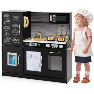 Costway Kid's Pretend Play Kitchen Toddler Kitchen Playset with Blackboard Pink/White/Light Pink/Beige - 1 of 4