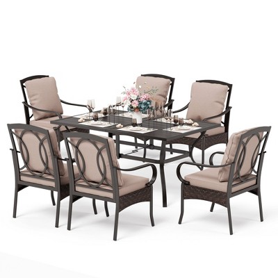 Captiva Designs 7pc Patio Dining Set with Slat-top Steel Table & Rattan Metal Chairs with Removable Cushions