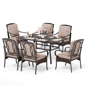 Captiva Designs 7pc Patio Dining Set with Slat-top Steel Table & Rattan Metal Chairs with Removable Cushions - 1 of 4