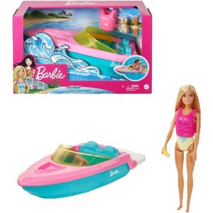 Barbie Doll & Toy Boat Playset with Pet Puppy, Life Vest & Beverage Accessories, Fits 3 Dolls & Floats in Water. - 1 of 4