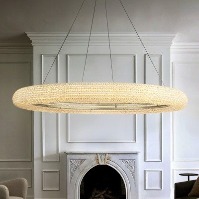 ALOADECOR Modern Silver Round LED Intergrated Crystal Chandelier Dimmable Glam Hanging Light For Dining Room