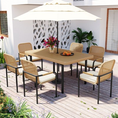 7 Pieces Patio Dining Set, Outdoor Wicker Furniture Set, Plastic-wood Table Top with Umbrella Hole, Rattan Dining set