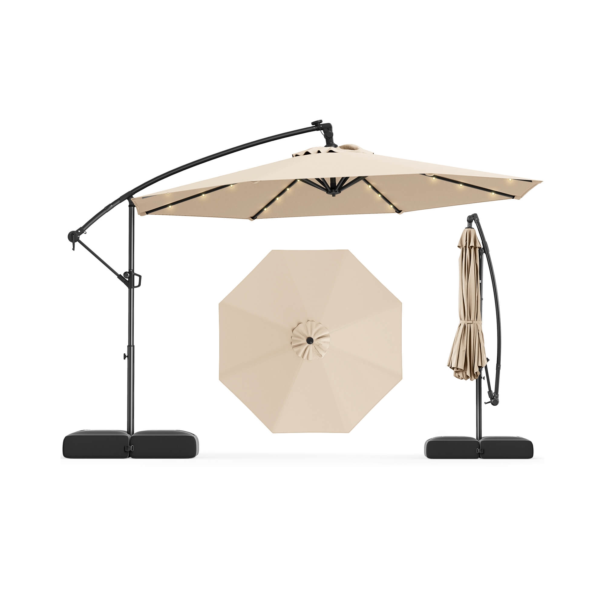 Costway 10 FT Solar Offset Hanging Umbrella Patio Cantilever Umbrella with 32 LED Lights Beige