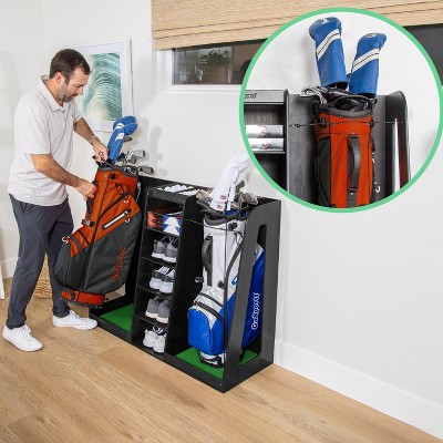 Black Wooden Double Golf Bag Organizer with Storage Shelves