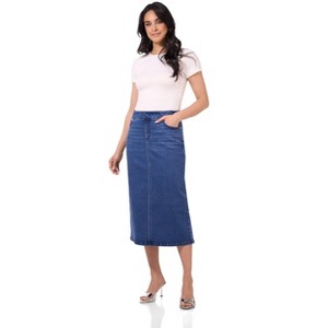 Rekucci Women’s Secret Figure Pull-On Stretch Denim Midi Skirt – Mid-Rise Slim Fit Jean Skirt with 5 Pockets, Back Slit & Sculpting Comfort - 1 of 2