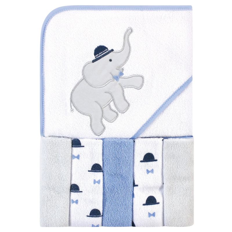 Hudson Baby Infant Boy Hooded Towel and Five Washcloths, Handsome Elephant, One Size, 1 of 4