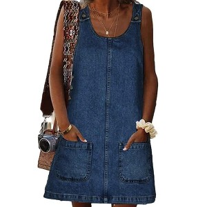 Women's Sleeveless Casual Denim Dress Crewneck Vintage Loose Jean Overall Dress with Pockets - 1 of 4