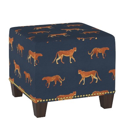 Square Nail Button Ottoman Cheetah Walk Navy - Skyline Furniture