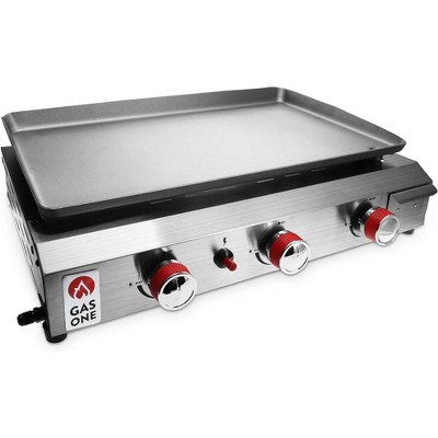 GasOne 3 Burner Flat Top Grill – Auto Ignition Propane Portable Tabletop Gas Grill Premium Stainless Steel Body with Pre Season Griddle and Drip Tray