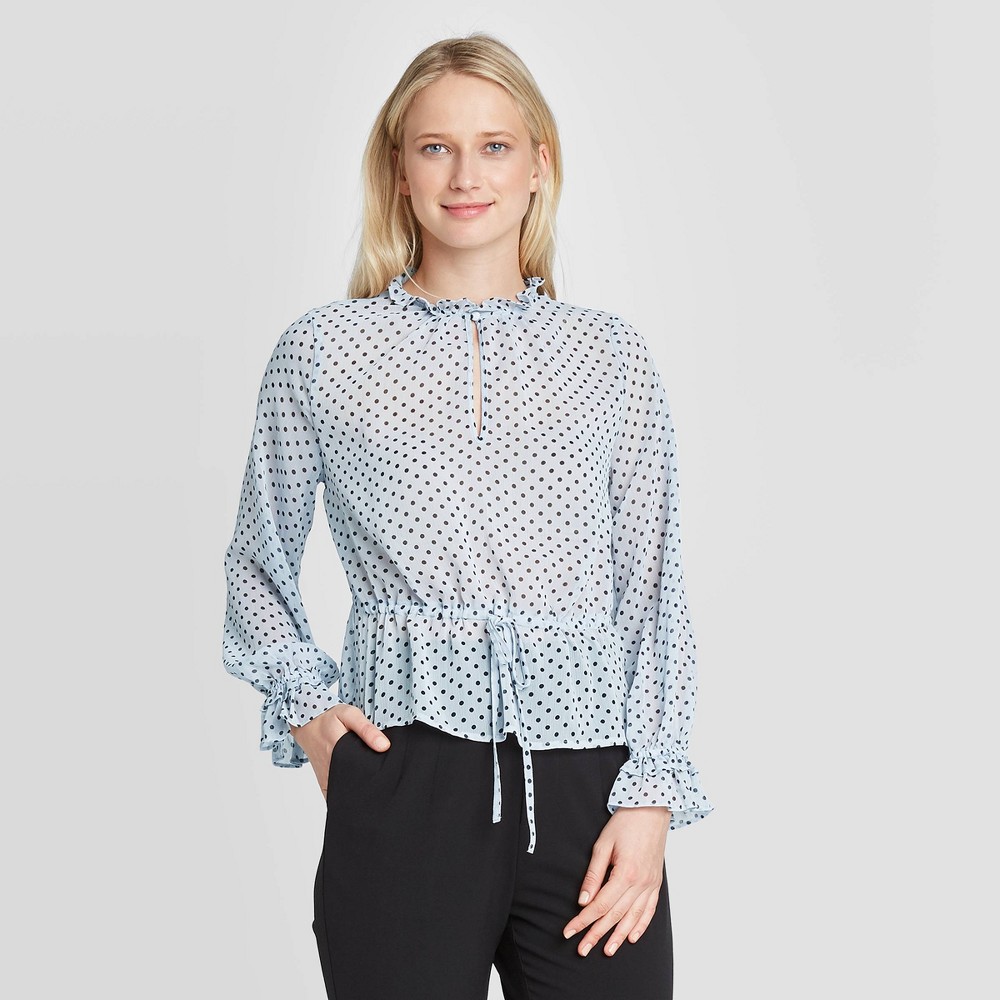 Women's Polka Dot Long Sleeve Ruffle Detail Drawstring Blouse - Who What Wear Blue S was $29.99 now $20.99 (30.0% off)