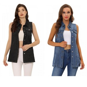 INSPIRE CHIC Women's Sleeveless Casual Button-Down Side Pockets Long Jean Vests 2 Packs - 1 of 4