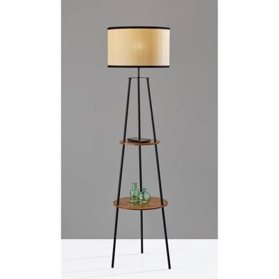 Black Metal Floor Lamp with Walnut Shelves and Rattan Shade