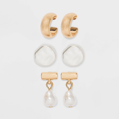 Stud Pearl Heart Clear Stones Gold Earrings 3pc - A New Day™ Gold : Target