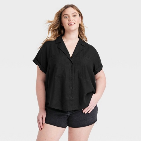 Women's Linen Short Sleeve Button-down Shirt - Universal Thread™ Black 4x :  Target
