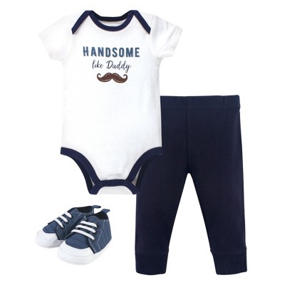 Little Treasure Baby Boy Cotton Bodysuit, Pant and Shoe 3pc Set, Handsome Like Daddy