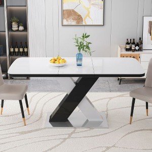 CENGHU Modern Square Dining Table, White Table Top, Black and White MDF X-Shape Table Leg with Metal Base, Stretchable End Table for Dining Room - 1 of 4