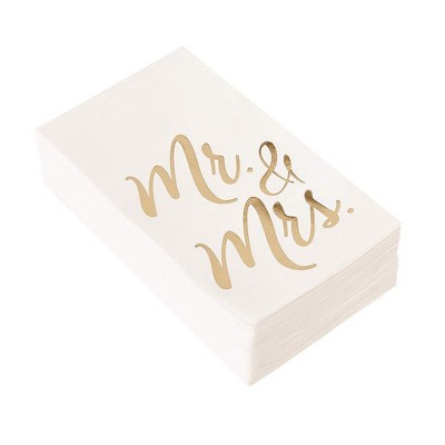 Juvale 50-Pack Mr and Mrs Gold Foil White Disposable Paper Napkins 4x8", Wedding Anniversary Party Supplies