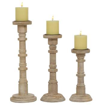 Set of 3 Round Natural Wood Carved Candle Holders - Olivia & May
