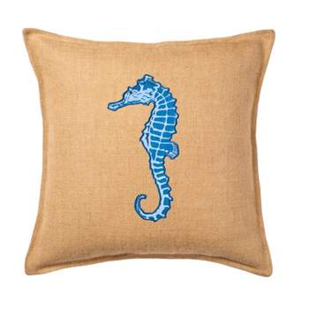 Kensington Garden 20"x20" Oversize Seahorse Applique Burlap Pillow Front Panel Interior Cotton Lined Blue