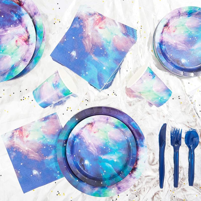 Blue Panda 168 Pieces Galaxy Party Supplies with Paper Plates, Napkins, Cups, and Cutlery for Outer Space Birthday Party Decorations, Serves 24, 2 of 8