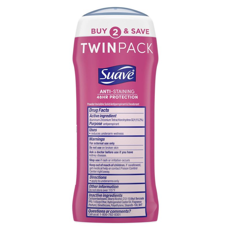 Suave Powder Anti-Staining 48-Hour Antiperspirant &#38; Deodorant Stick - 2.6oz/2pk, 4 of 9
