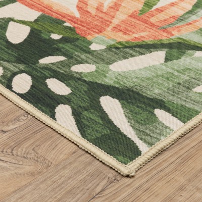 Beige and Green Tropical Botanical Polyester Area Rug 5' x 7'