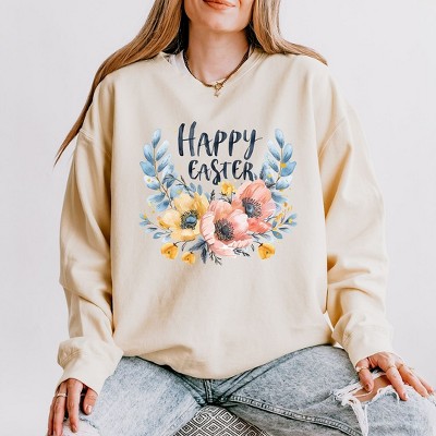 Simply Sage Market Women's Lightweight Garment Dyed Graphic Sweatshirt Happy Easter Floral