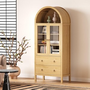 71" Tall Arched Kitchen Pantry Cabinet, Farmhouse Modern Wood Arched Cabinets with Tempered Glass Doors & 2 Large Drawers - 1 of 4