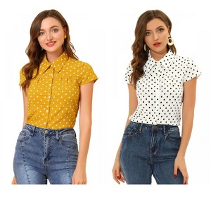 INSPIRE CHIC Women's Short Sleeve Vintage Polka Dots Button Up Blouse 2 Packs - 1 of 4