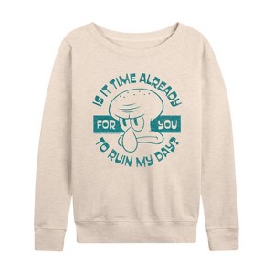 Women's - Spongebob Squarepants - Ruin My Day Lightweight French Terry Wide Neck Long Sleeve Shirt - 1 of 4
