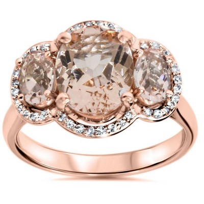 Pompeii3 2 3/4ct Morganite 3 Stone Diamond Oval Halo Ring 14K Rose Gold
