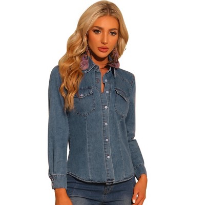 Allegra K Women's Turnover Collar Long Sleeve Button Down Classic Western Denim Shirts