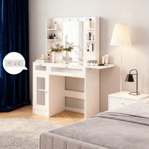 Dyonery Vanity Desk with Mirrors & Lights 3 Colors,White Makeup Desk with Drawers & Cabinet,Transparent Top with 6 Shelves/Power Outlet for Bedroom - 1 of 4