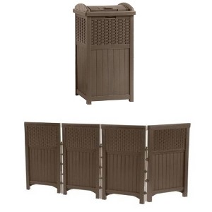 Suncast 33 Gallon Resin Trash Can and Suncast Garden Screen Gate Fence, Java - 1 of 4