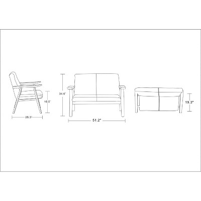 Archduke 43'' Black Faux Leather and Amber Wood Loveseat and Armchair Set
