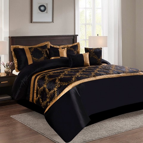 HIG 7 Piece Bed in A Bag Comforter Set Queen Black and Gold Faux Silk Fabric Embroidered Bedding Set
