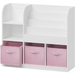 Kids Toy Storage Organizer with 3 Foldable Fabric Drawers, Wooden Open Shelf Bookcase with Storage Cubbies for Home Playroom, Hallway & Kindergarten - 1 of 4