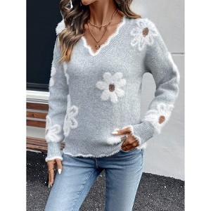 Women's V-Neck Long-Sleeve Sweater Casual Color-Block Lace Collar Jacquard Pullover - 1 of 4