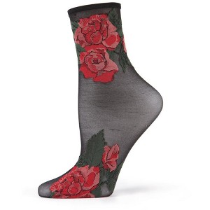 Memoi Beauty Rose Garden Sheer See-Through Ankle Socks Black One Size - 1 of 1